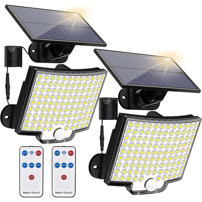 Set de 2 lampa solara LED cu panou solar, 6500K, 650 LM, unghi iluminare de 180°, 188 LED-uri, senzor de miscare, impermeabila IP65, cu telecomanda, cablu de 5 m, acumulator 2000 mAh, Clasa de energie A