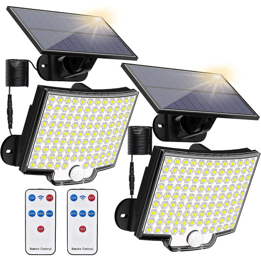 Set de 2 lampa solara LED cu panou solar, 6500K, 650 LM, unghi iluminare de 180°, 188 LED-uri, senzor de miscare, impermeabila IP65, cu telecomanda, cablu de 5 m, acumulator 2000 mAh, Clasa de energie A