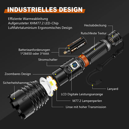 Set lanterna tactica LED, 20.000 lumeni, baterie 5000 mAh, cu functie powerbank si lanterna de urgenta cu panou solar si manivela, pentru urgente, camping, calatorie