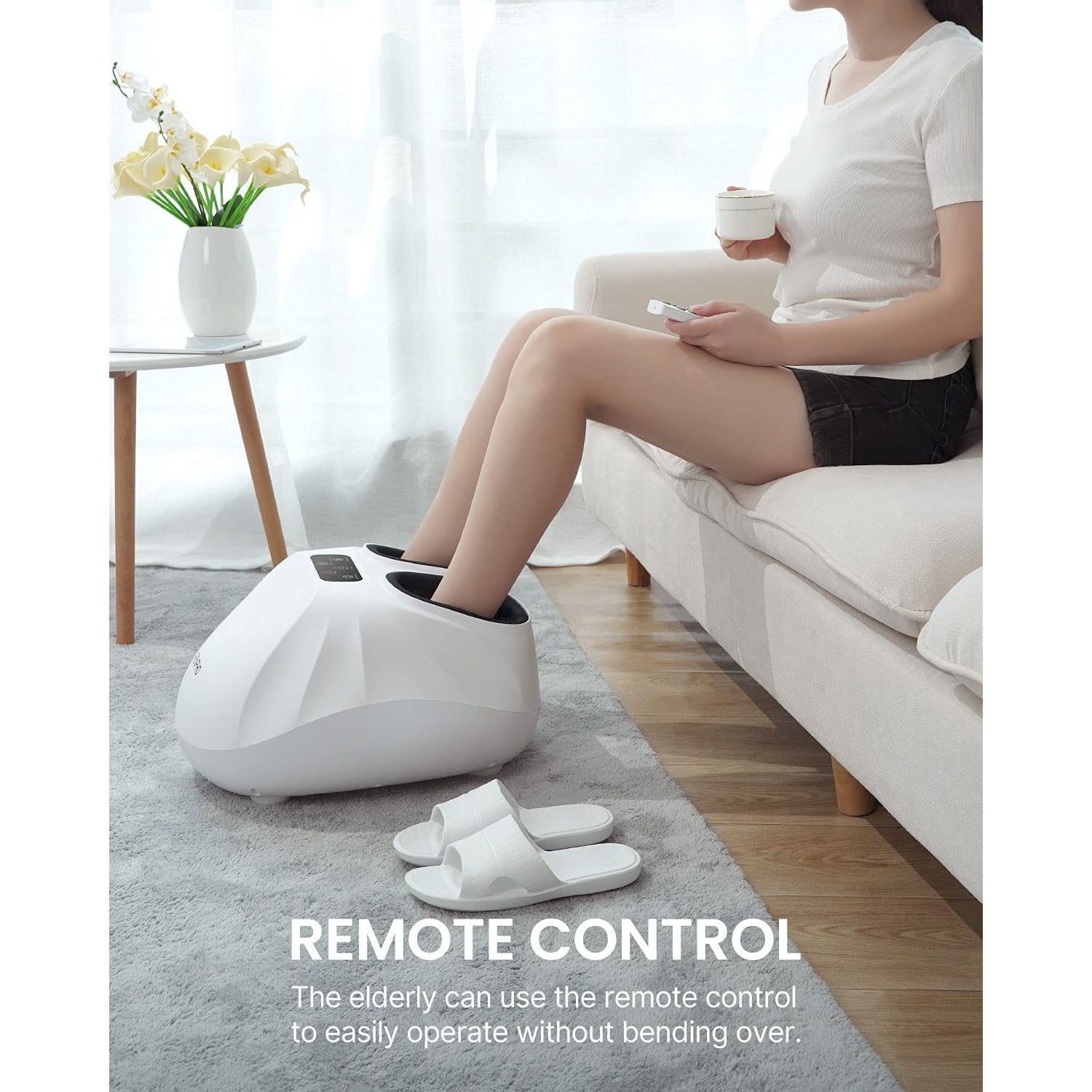 Aparat de masaj Shiatsu cu functie de caldura, telecomanda, perne cu aer comprimat, role, temporizaror, panou de control cu touch, Renpho, alb
