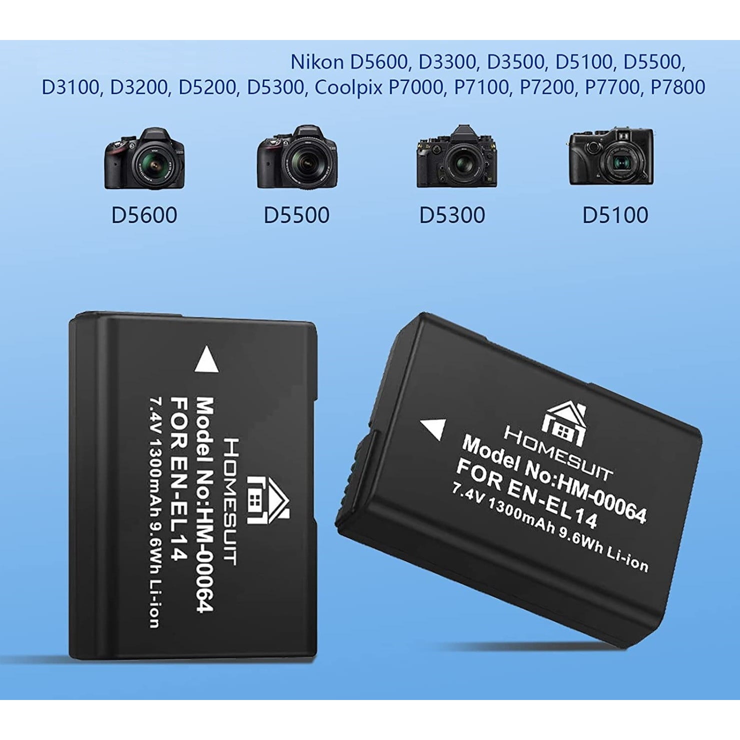 Set de 2 acumulatori EN-EL14 1300 mAh cu incarcator dual cu display LCD, pentru Nikon D5600, D3300, D3500, D5100, D5500, D3100, D3200, D5200, D5300, Coolpix P7000, P71000000, P710000, P710000, P71000, P710000, P7070