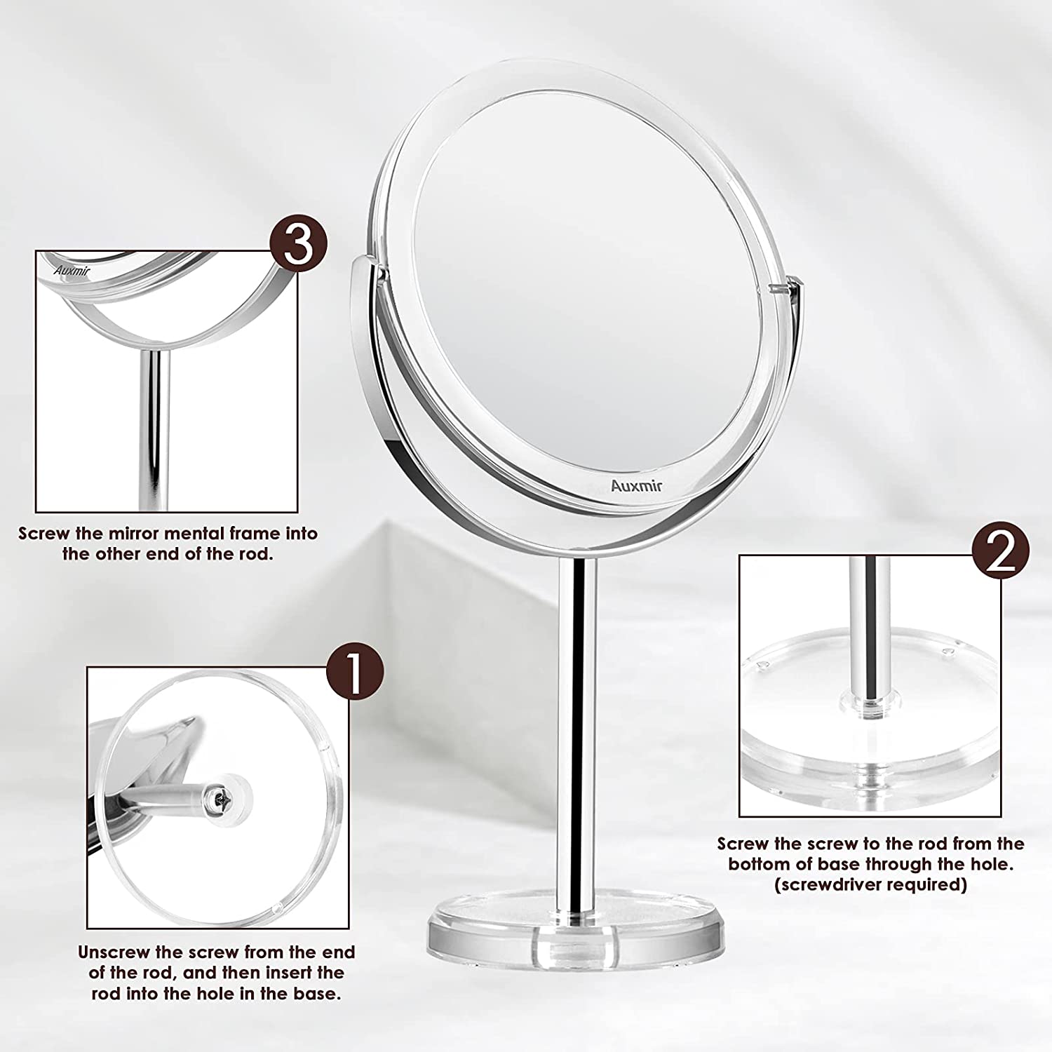 Oglinda cosmetica cu marire 10X, pivotare 360°, 131 mm, din metal, finisaj cromat, cu ventuze, Auxmir