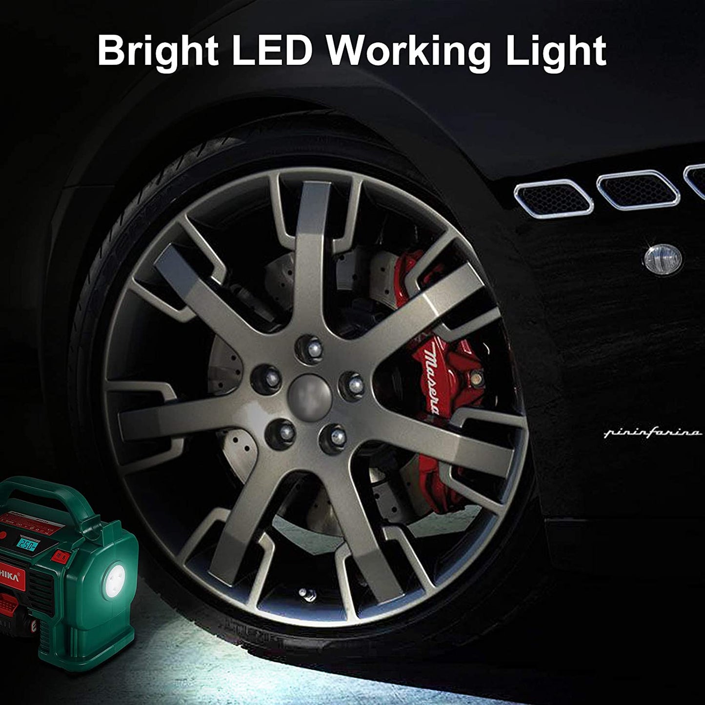 Set compresor de aer cu baterie 2,0 A si incarcator, portabil, cu afisaj LCD, max 11 Bar, alimentare 12V, pentru anvelope, mingi, lumina LED, oprire automata