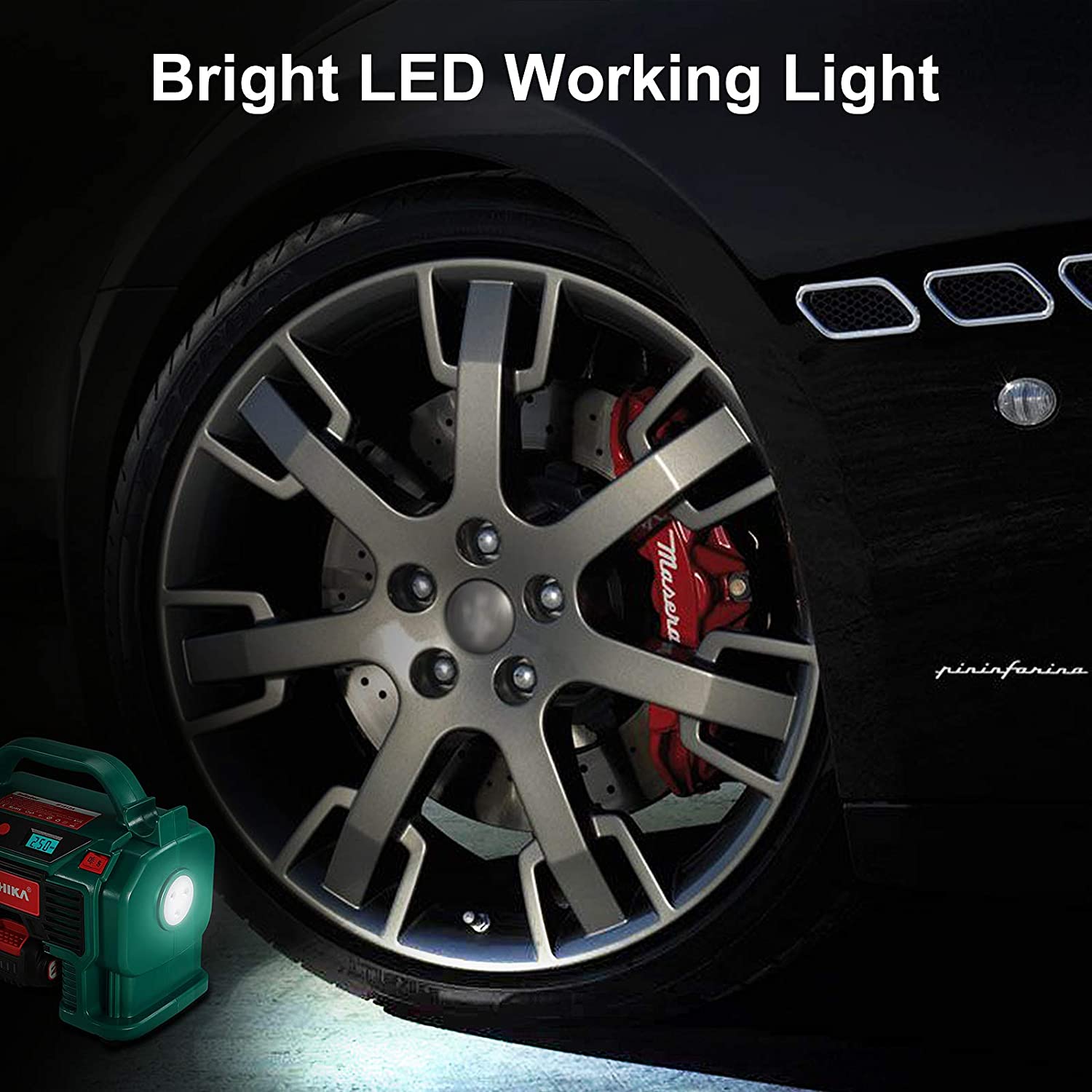 Set compresor de aer cu baterie 2,0 A si incarcator, portabil, cu afisaj LCD, max 11 Bar, alimentare 12V, pentru anvelope, mingi, lumina LED, oprire automata