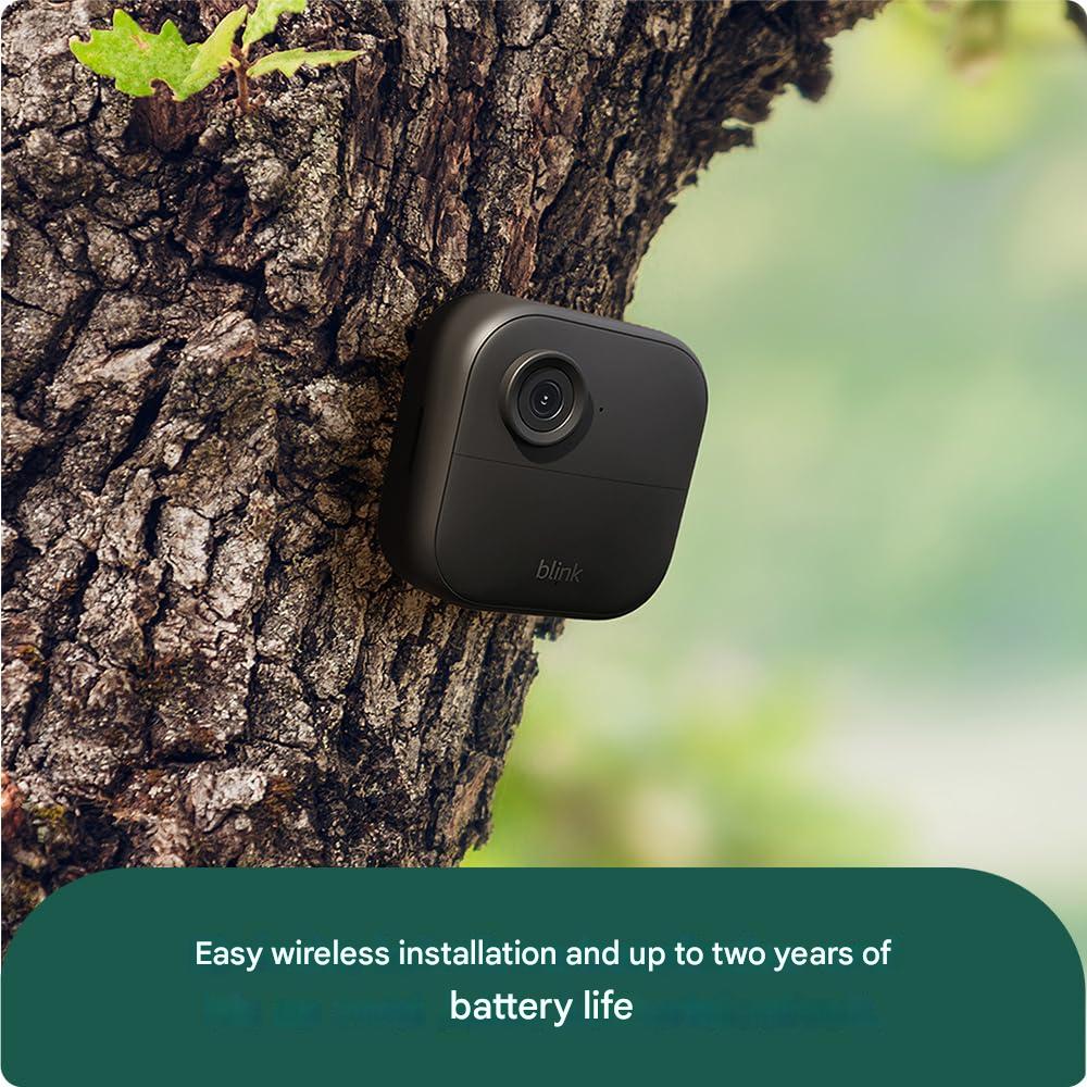 Set 4 camere de supraveghere Blink Outdoor 4 + sonerie video Blink, Wireless, Full HD 1080p, compatibila cu Alexa, vedere nocturna IR, audio bidirectional, detectare miscare si persoane, IP65, modul de sincronizare inclus