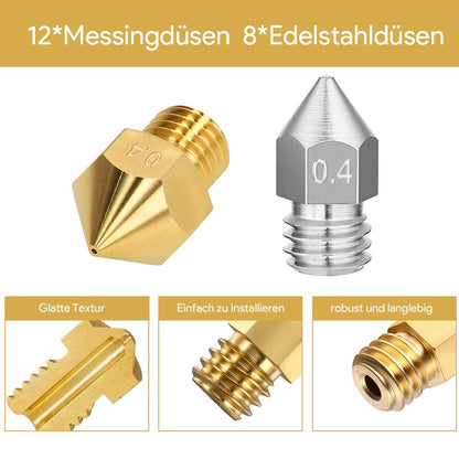 Set duze imprimanta 3D cu 20 piese cu 12 duze din alama si 8 duze din otel inoxidabil MK8 de 0,2 mm 0,4 mm 0,6 mm 0,8 mm 1,0 mm, cu instrumente de curatare, pentru Anycubic Mega, Creality CR-10, Ender