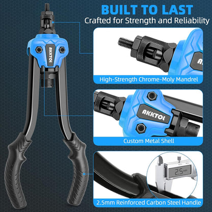 Cleste AKKTOL pentru nituri filetate M3–M12, set profesional cu 80 piulite nit, dornuri intercambiabile, cutie organizare si carcasa protectie, pentru reparatii auto si prelucrarea metalelor