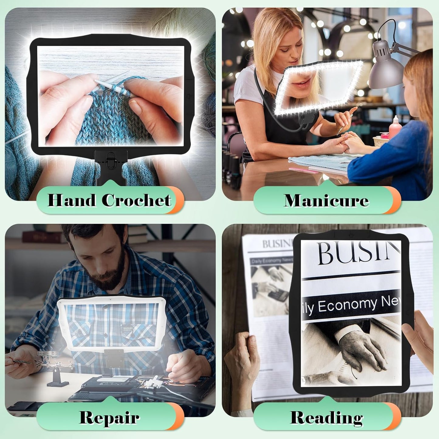 Lupa hands-free 10x, reincarcabila, lentila mare 27x20 cm, 50 LED-uri cu iluminare reglabila, gat flexibil de lebada, versatilitate 3 in 1 pentru citit, cusut, reparatii