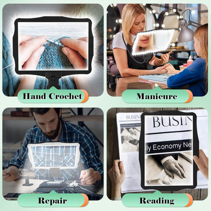 Lupa hands-free 10x, reincarcabila, lentila mare 27x20 cm, 50 LED-uri cu iluminare reglabila, gat flexibil de lebada, versatilitate 3 in 1 pentru citit, cusut, reparatii