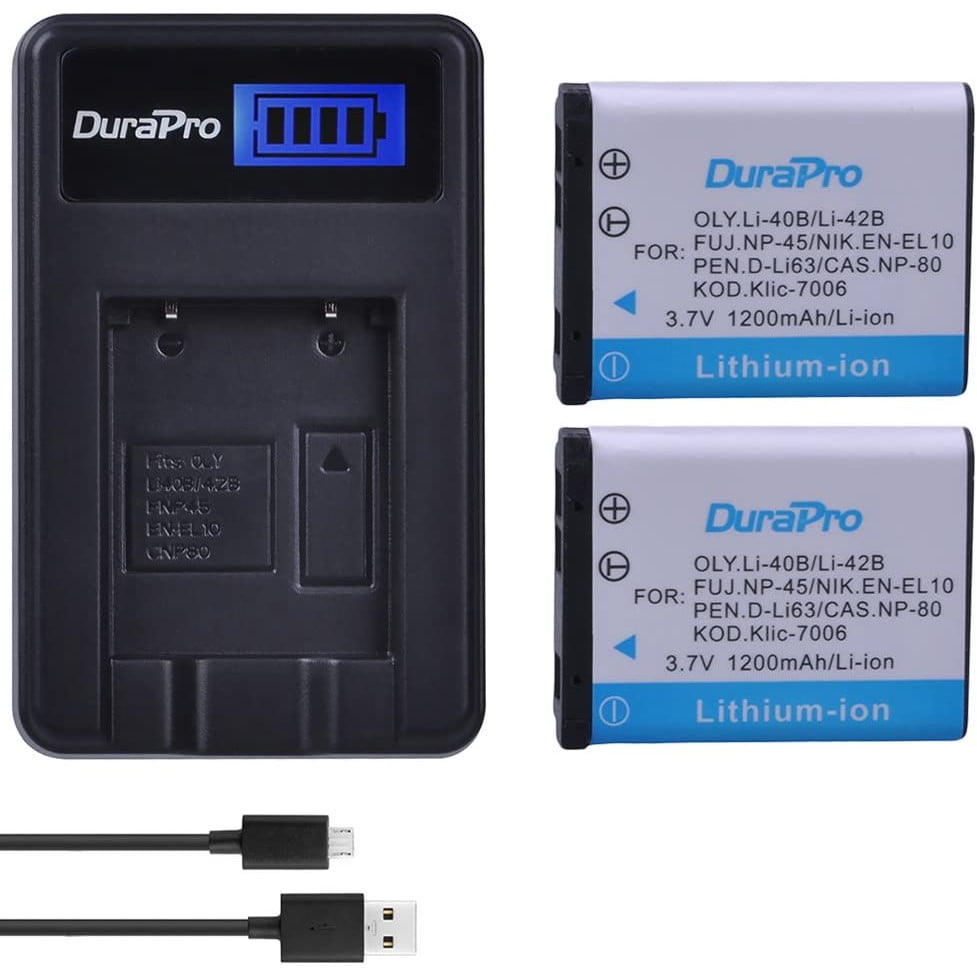 Set de 2 acumulatori Li-40B, Li-42B 1200 mAh cu incarcator USB cu afisaj LCD, compatibil Olympus Li-40B, Li-42B, Nikon EN-EL10, Fuji NP-45, Pentax D-Li63, Kodak Klic-7006, Casio NP-80, Fuji FinePix J10, J15, J100, J110w
