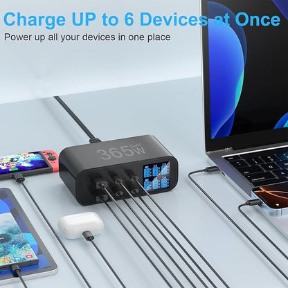 Incarcator retea 365 W GaN, cu afisaj LED, statie de incarcare cu 6 porturi, 4 porturi USB-C 100W, 2 porturi USB-A, incarcare rapida, pentru MacBook Air/Pro, Laptop, iPhone, iPad, Samsung, AirPods Pro, Apple Watch
