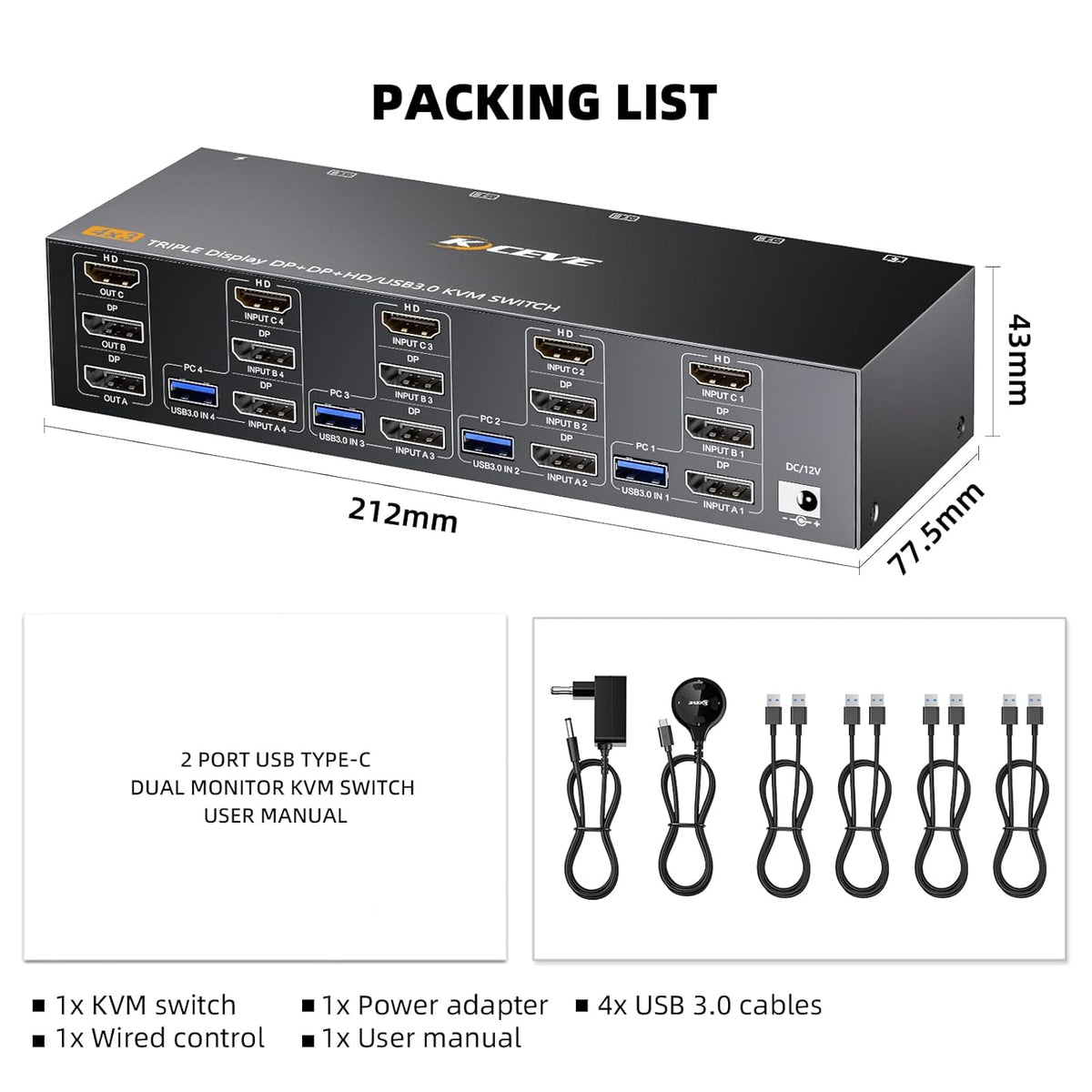 Comutator KVM Triple Monitor KCEVE pentru 4 PC-uri si 3 monitoare, 2x DisplayPort + HDMI, rezolutie pana la 8K 30Hz / 4K 144Hz, transfer date USB 3.0 5Gbps, 4 porturi USB pentru tastatura, mouse, imprimanta si stick USB, comutare prin buton, Plug & Play