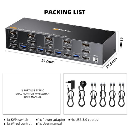 Comutator KVM Triple Monitor KCEVE pentru 4 PC-uri si 3 monitoare, 2x DisplayPort + HDMI, rezolutie pana la 8K 30Hz / 4K 144Hz, transfer date USB 3.0 5Gbps, 4 porturi USB pentru tastatura, mouse, imprimanta si stick USB, comutare prin buton, Plug & Play