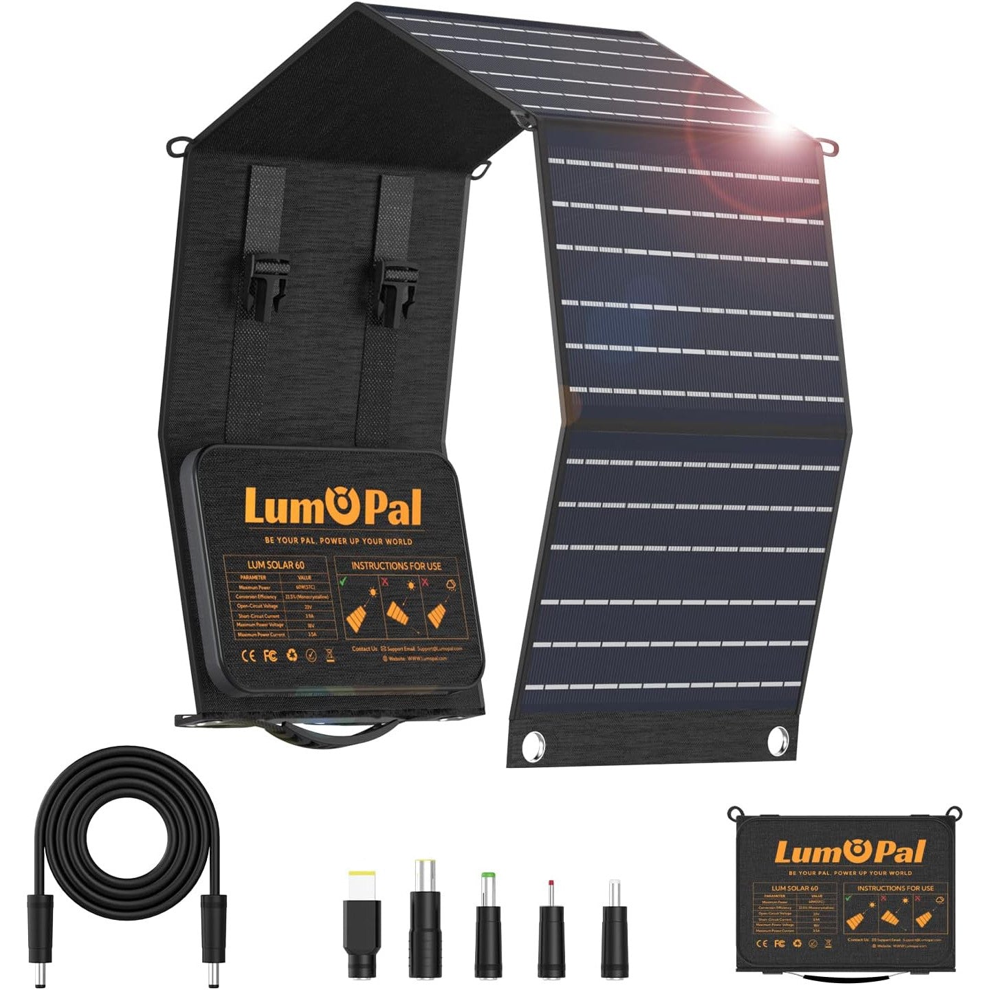 Panou solar pliabil 60 W cu incarcator USB-C & USB-A 3.0 (22 W), IP65 rezistent la apa, exterior, incarcator solar pentru iPhone, Android, tablete si alimentare portabila