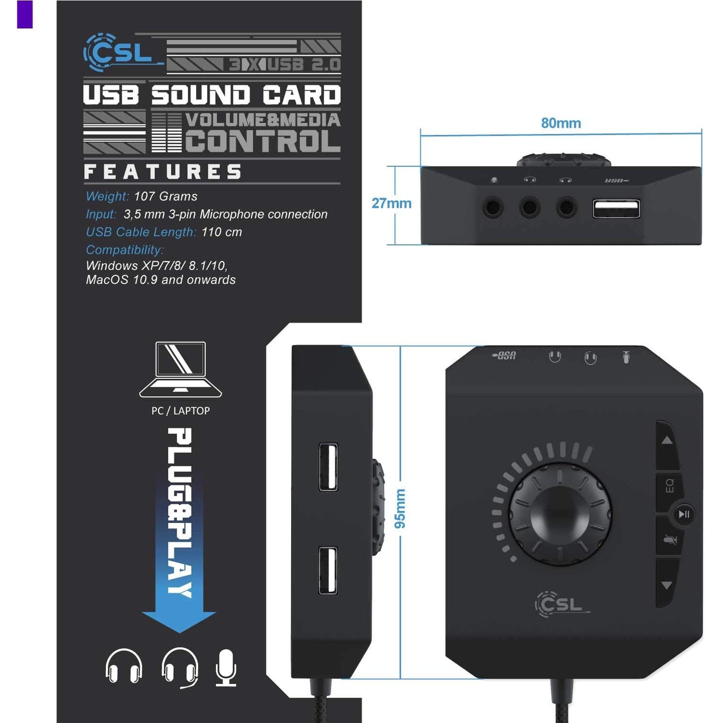 Placa de sunet externa CSL USB 3 in 1 amplificator, terminal conectare casti si Hub USB, cu egalizator si rotita volum