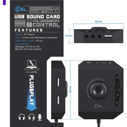 Placa de sunet externa CSL USB 3 in 1 amplificator, terminal conectare casti si Hub USB, cu egalizator si rotita volum