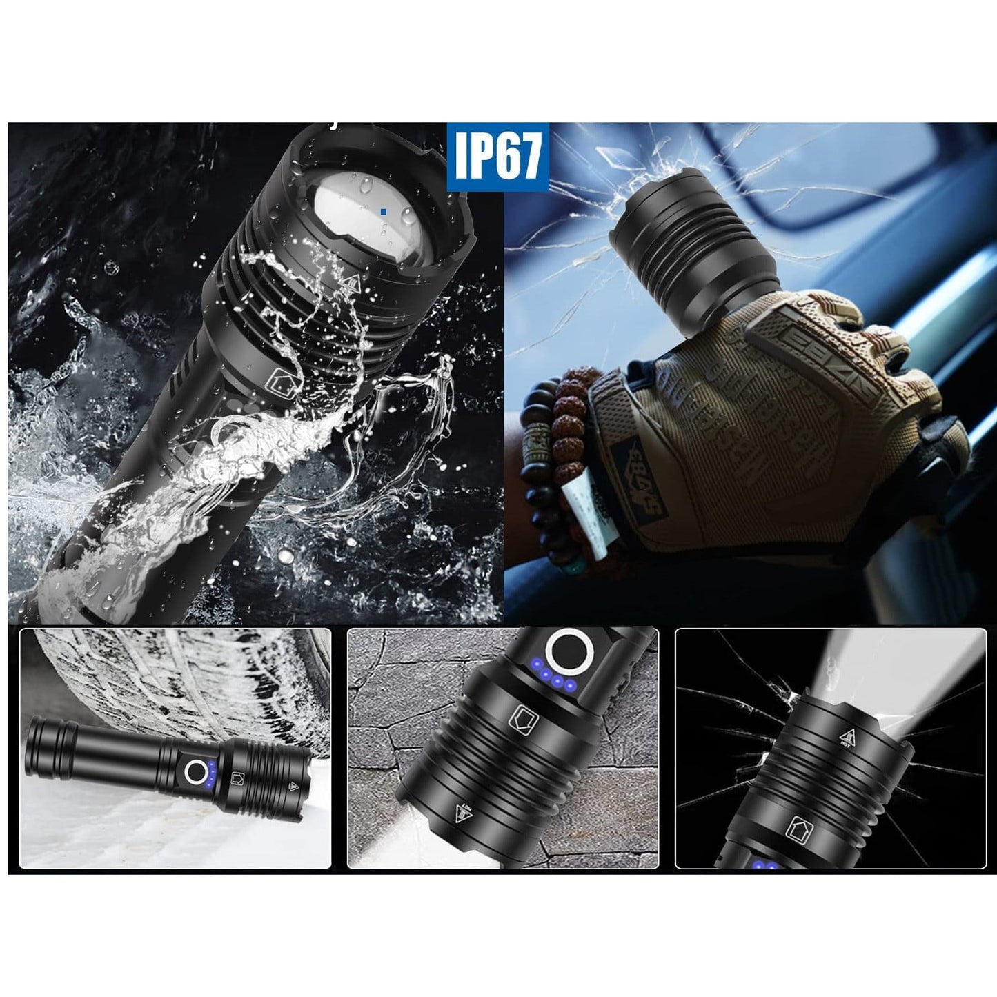 Lanterna tactica LED 30.000 lumeni, reincarcabila, cu baterie de 6800 mAh, 5 moduri iluminare, impermeabila IP67, indicator nivel baterie, din aluminiu