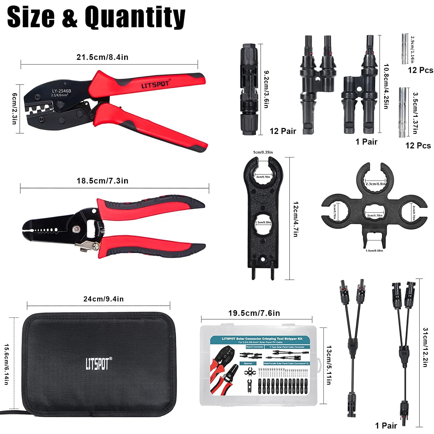 Kit de sertizare cablu solar 2.5/4/6 mm² cu cleste de sertizat si cleste de dezizolat, cu 12 conectori MC4 si 2 conectori splitter, geanta de transport si chei speciale