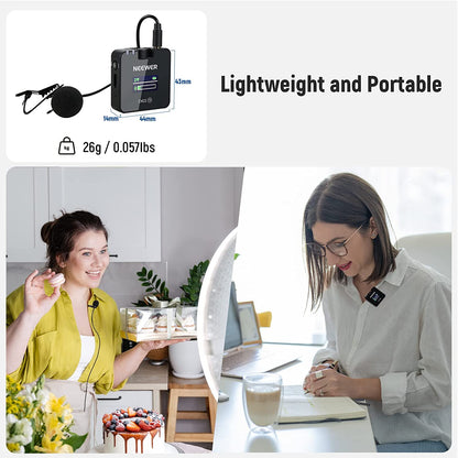 Microfon lavaliera wireless 2.4G, cu incarcator wireless, reducere zgomot DSP, cu display, compatibil cu iPhone, iPad, camera, Android, laptop, 20 de ore