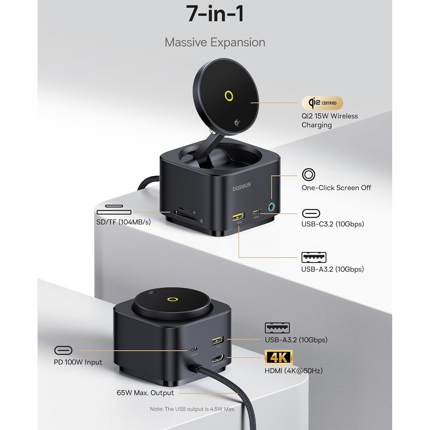 Statie de andocare 7 in 1 cu incarcator wireless Magsafe Qi2 15W, port HDMI 4K @ 60Hz, USB-C 100W PD, USB A 3.2 10 Gbps, slot card SD/TF, compatibil cu iPhone 16/15/Mac/Dell/HP/Surface