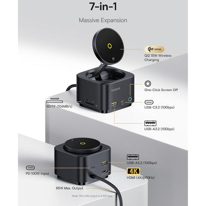 Statie de andocare 7 in 1 cu incarcator wireless Magsafe Qi2 15W, port HDMI 4K @ 60Hz, USB-C 100W PD, USB A 3.2 10 Gbps, slot card SD/TF, compatibil cu iPhone 16/15/Mac/Dell/HP/Surface