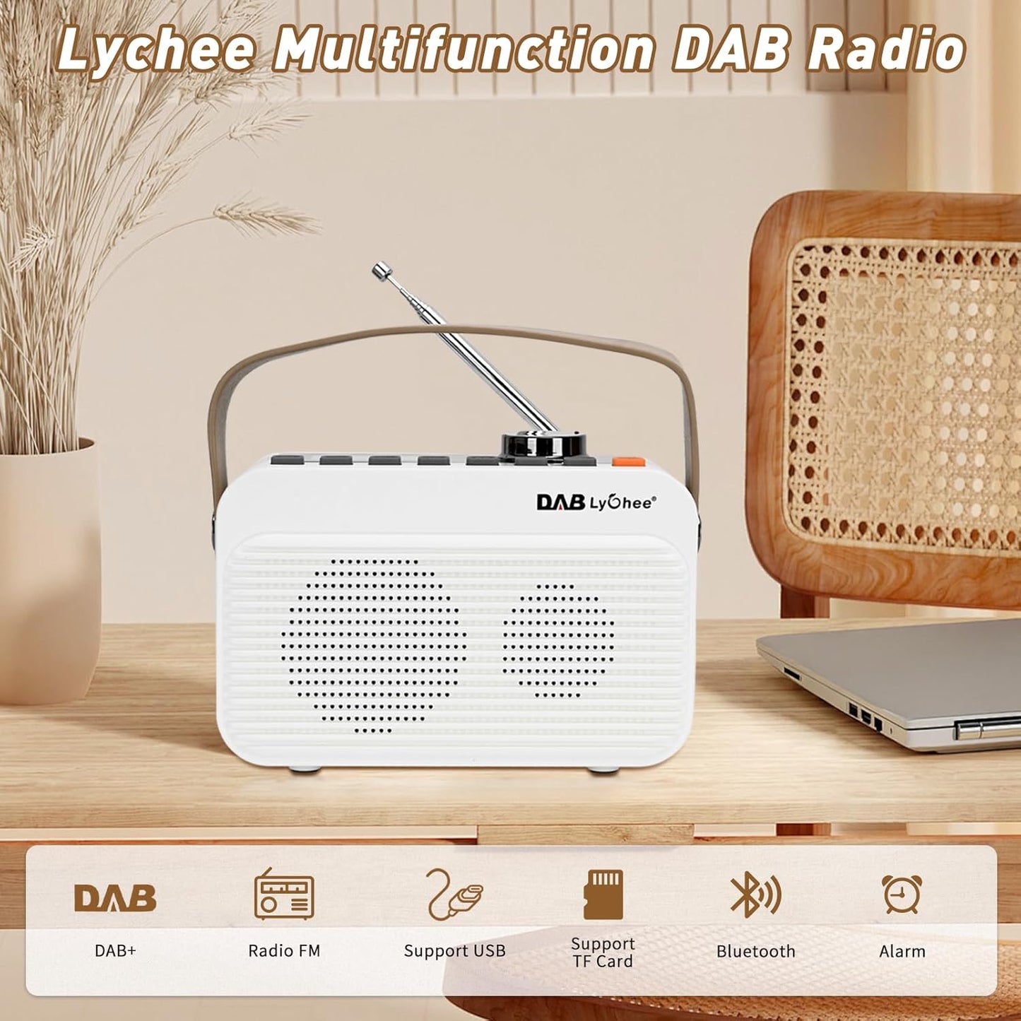 Radio portabil DAB/DAB+ & FM, Bluetooth 5.0, baterie reincarcabila 4000 mAh, afisaj LED, redare USB & card TF, Jack casti 3.5 mm, functie alarma, design compact cu curea, alb-crem