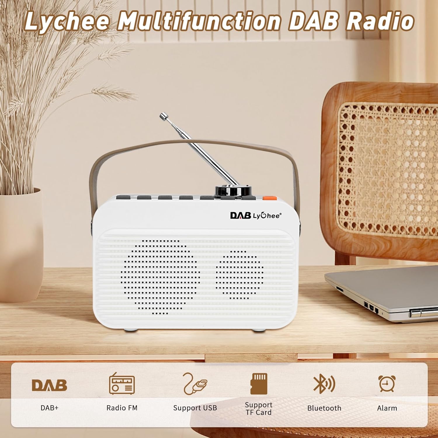 Radio portabil DAB/DAB+ & FM, Bluetooth 5.0, baterie reincarcabila 4000 mAh, afisaj LED, redare USB & card TF, Jack casti 3.5 mm, functie alarma, design compact cu curea, alb-crem