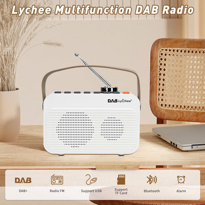 Radio portabil DAB/DAB+ & FM, Bluetooth 5.0, baterie reincarcabila 4000 mAh, afisaj LED, redare USB & card TF, Jack casti 3.5 mm, functie alarma, design compact cu curea, alb-crem