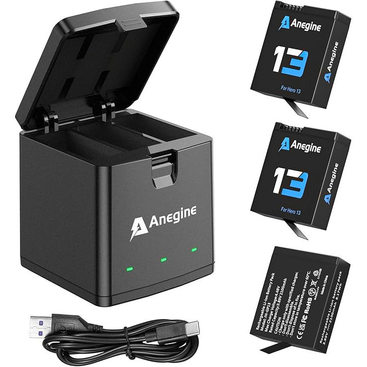 Set 3 acumulator pentru Hero 13 Black Enduro, 2100 mAh, 5V 3A, incarcator de stocare USB cu 3 canale LED baterie reincarcabila cu tip C