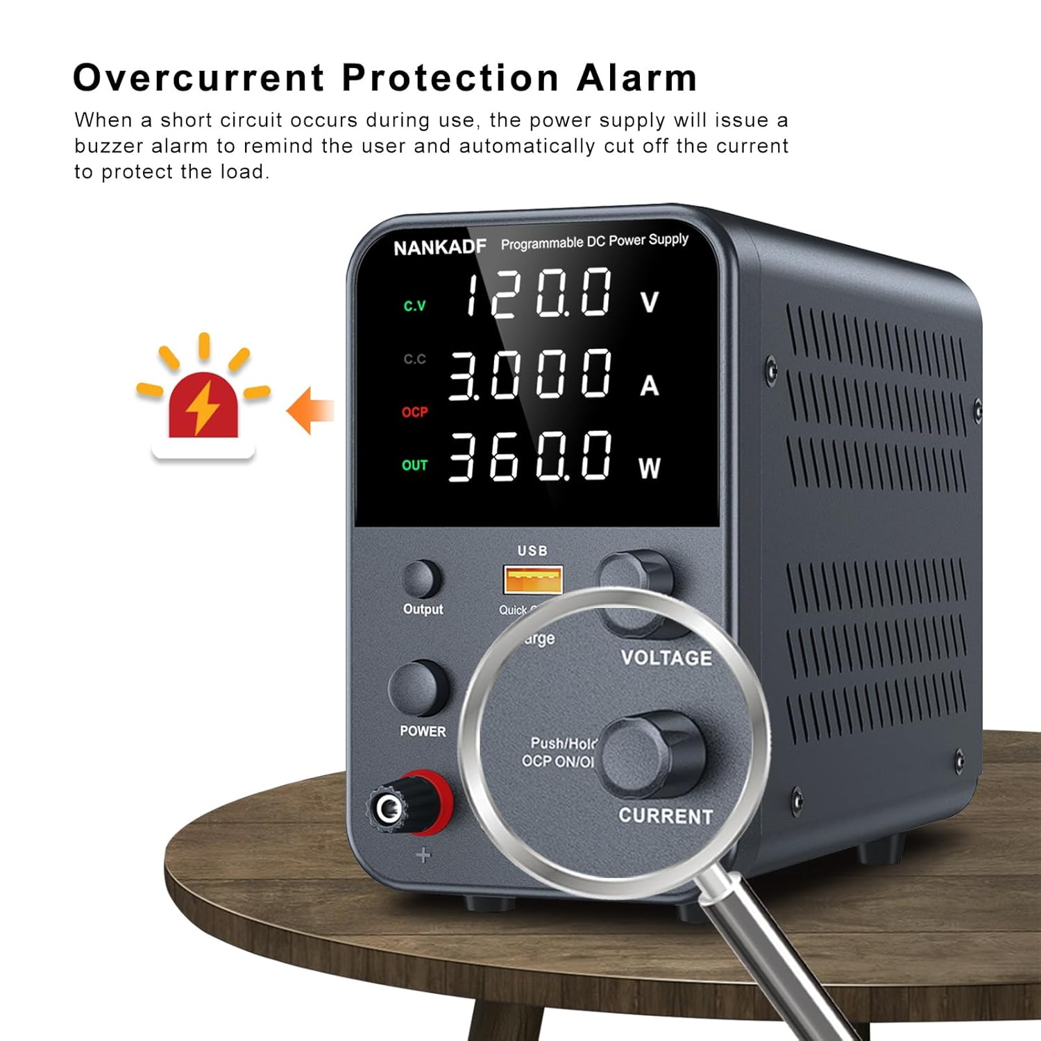 Sursa de alimentare de laborator 0-120 V, 0-3 A, 360 W, cu display LED, ventilator de racire, functie protectie supracurent (OCP), cu port USB 18 W, stabilizare voltaj si curent, CV/CC