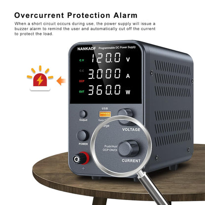 Sursa de alimentare de laborator 0-120 V, 0-3 A, 360 W, cu display LED, ventilator de racire, functie protectie supracurent (OCP), cu port USB 18 W, stabilizare voltaj si curent, CV/CC