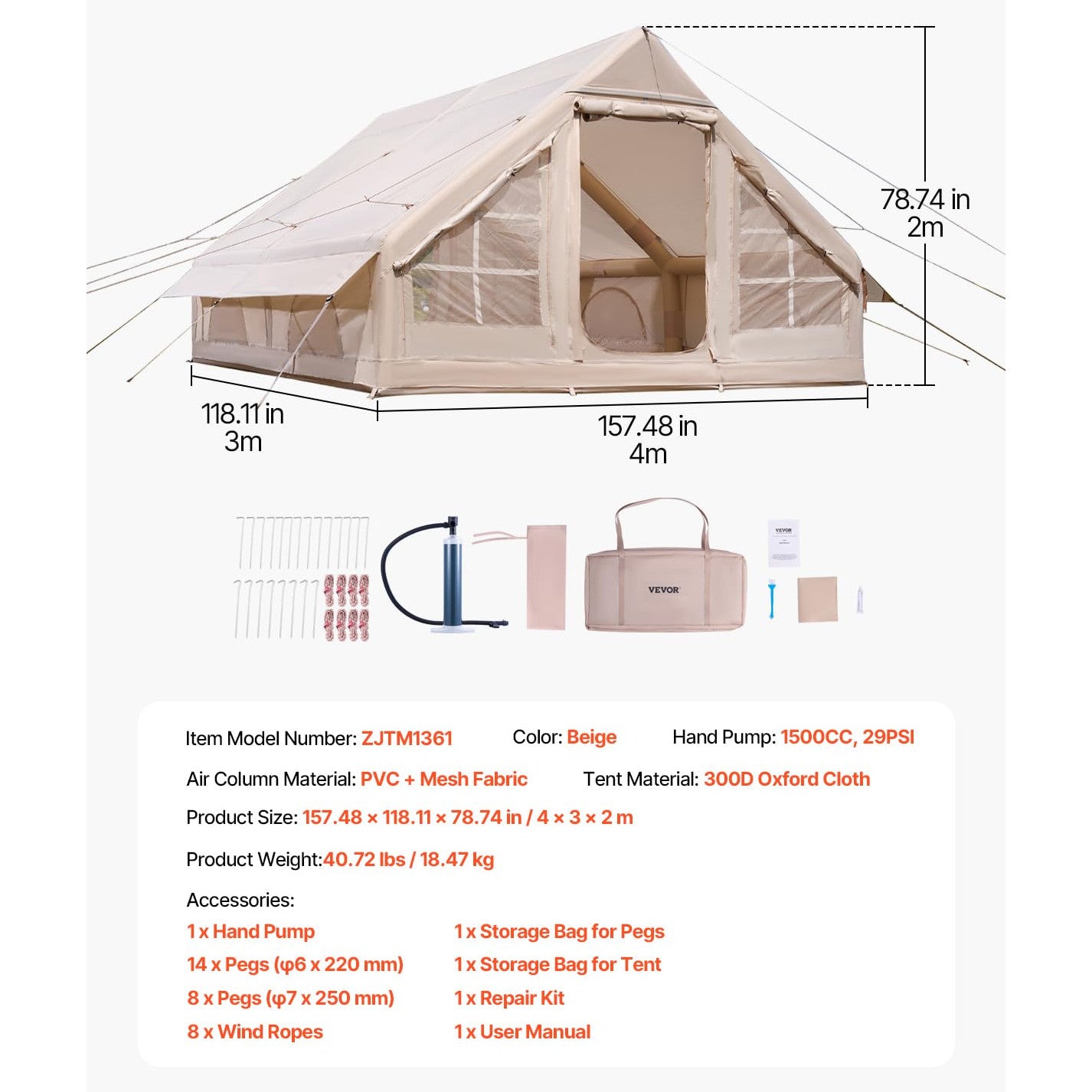 Cort gonflabil pentru camping VEVOR 4x3x2m, capacitate 5-8 persoane, material Oxford 300D impermeabil PU3000, montaj rapid cu pompa inclusa, 2 usi si 4 ferestre cu plasa, cu geanta transport