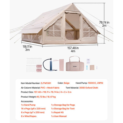 Cort gonflabil pentru camping VEVOR 4x3x2m, capacitate 5-8 persoane, material Oxford 300D impermeabil PU3000, montaj rapid cu pompa inclusa, 2 usi si 4 ferestre cu plasa, cu geanta transport