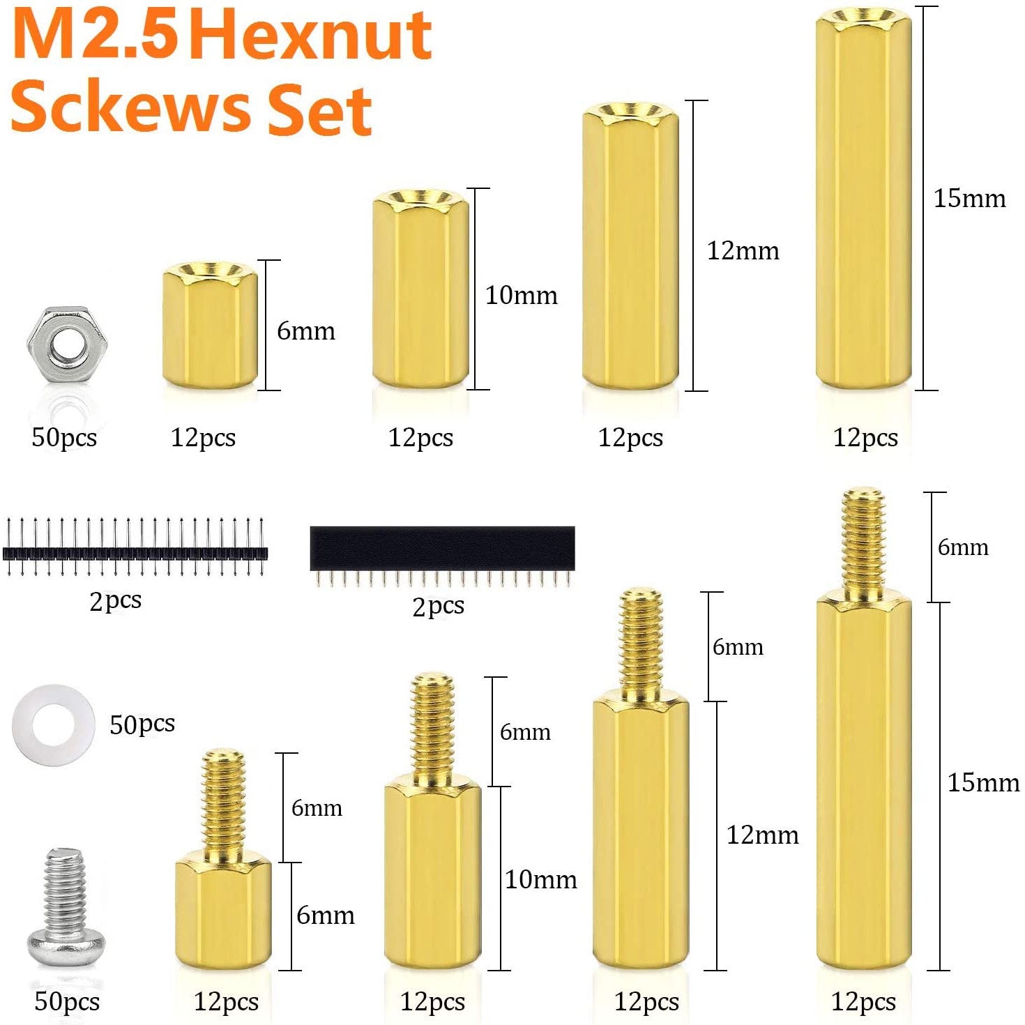 Set distantiere hexagonale M2.5 mama-tata pentru placa PCB, placa de baza Rasberry Pi, din alama, cu suruburi si saibe din plastic, 250 piese