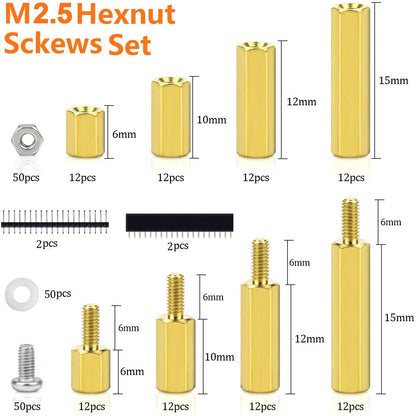 Set distantiere hexagonale M2.5 mama-tata pentru placa PCB, placa de baza Rasberry Pi, din alama, cu suruburi si saibe din plastic, 250 piese