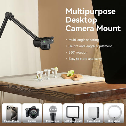 Stativ foto pentru camere DSLR, suport cu 2 brate SMALLRIG, brat detasabil flexibil, cap sferic 360°, cu surub 1/4 inch, clema C pentru fixare pe masa, ideal pentru fotografii, videografie, streaming live, vlogging si productie video profesionala