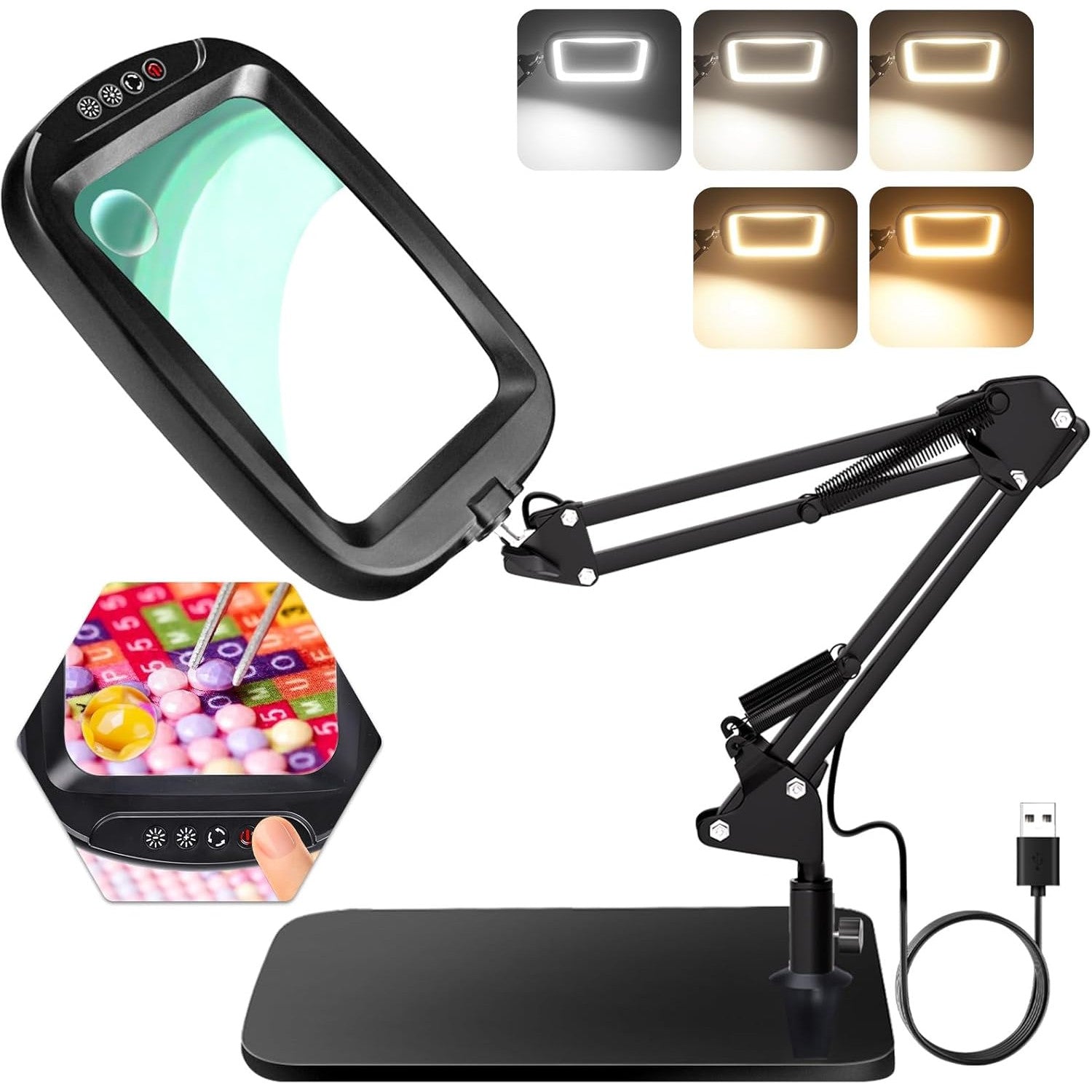 Lupa 30x cu lumina LED si suport, lampa de marire cu 60 LED-uri, 5 moduri de culoare, 4 niveluri de luminozitate, hands-free, pentru citit si lucru de precizie