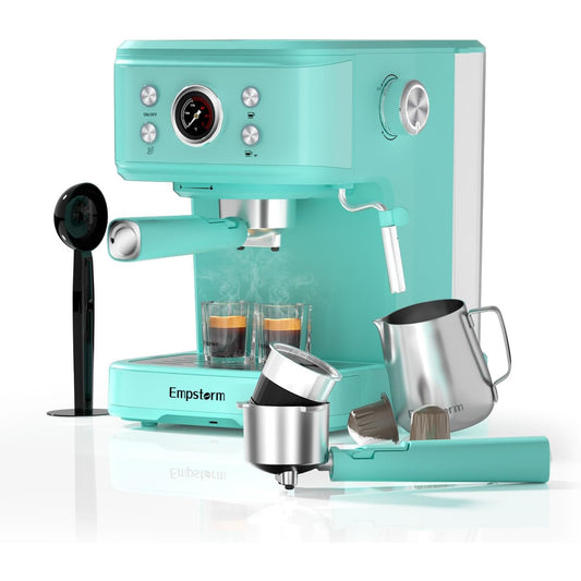 Aparat de cafea cu filtru de espresso Empstorm 20 bar, 1100 W, rezervor de apa de 1, 5 L, spumator de lapte profesional, aparat de espresso pentru cappuccino, latte si macchiato, albastru deschis