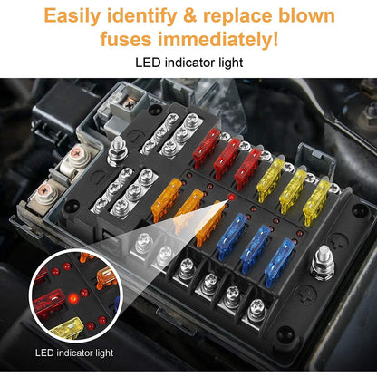 Set tablou sigurante auto cu 12 iesiri, cu sigurante 5A 10A 15A 20A cu indicator LED si capac de protectie, pentru masina, barca, autoutilitara, camion