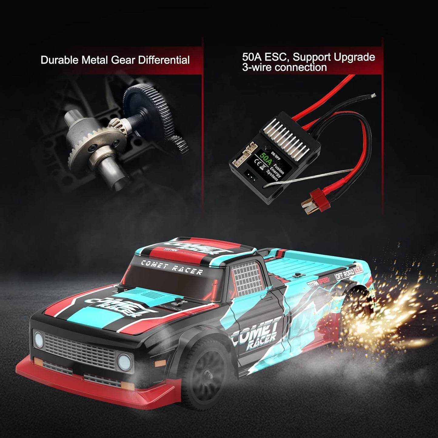 Masina RC cu telecomanda 2.4G, scara 1:12, 48 km/h, 4WD, cu 2 acumulatori reincarcabili 1500 mAh, Exbonzai Comet Racer