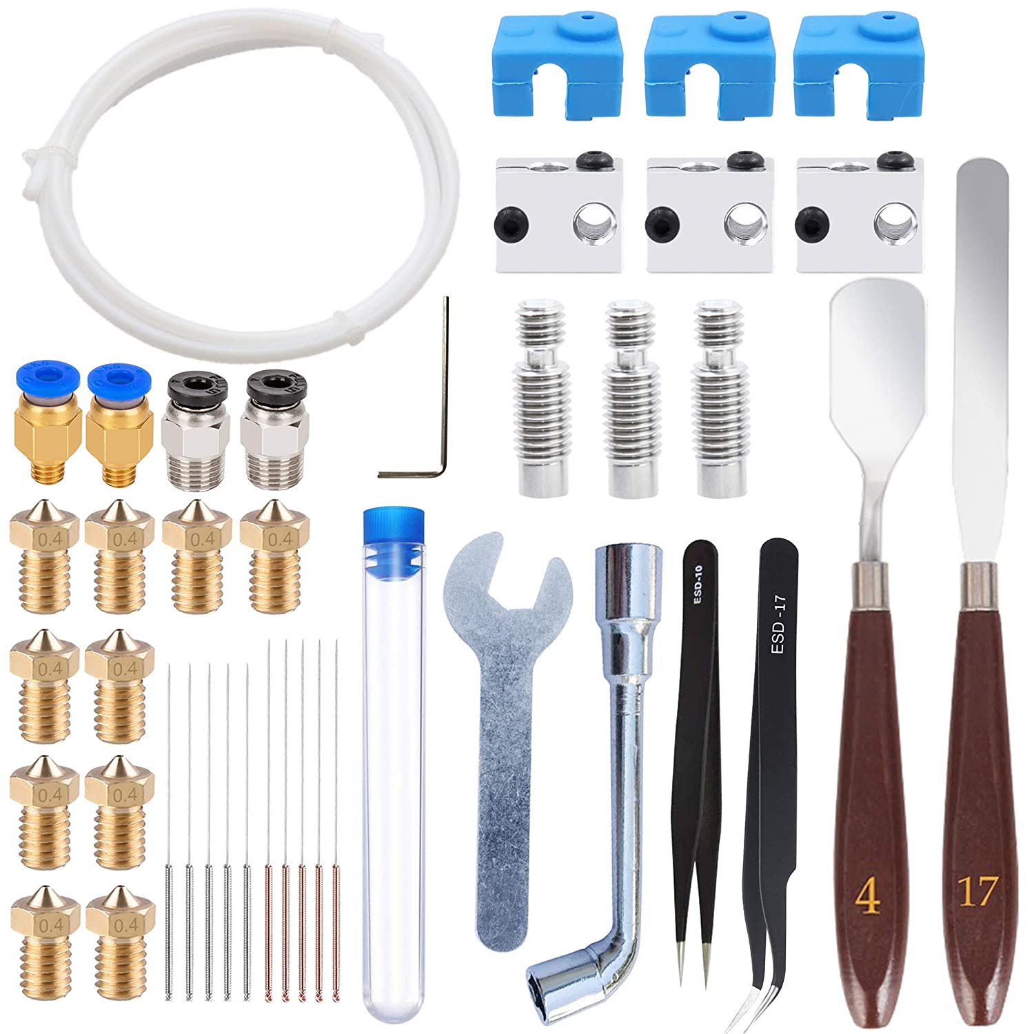 Kit de accesorii pentru imprimanta 3D 41 piese, cu 10 duze, 3 bloc de incalzire, 3 tije filetate cu teflon, 3 protectii de silicon, 4 conectori PC4, 10 ace de curatare, tub teflon si unelte