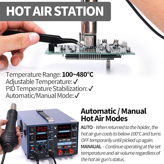 Statie de lipit si dezlipit 3 in 1 cu sursa de laborator reglabila 0-35V 0-5A, letcon, testare a curentului si tensiunii, port USB 5V, temperatura reglabila, mod auto/manual, pentru reparatii de telefoane mobile si electronice