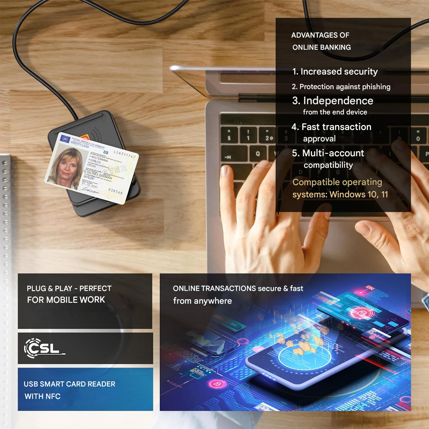 Cititor electronic carti de identitate cu Nfc, carduri inteligente si SIM, compatibil cu Mac OS X si Windows 11, pentru carte de identitate noua, card sanatate si carduri bancare