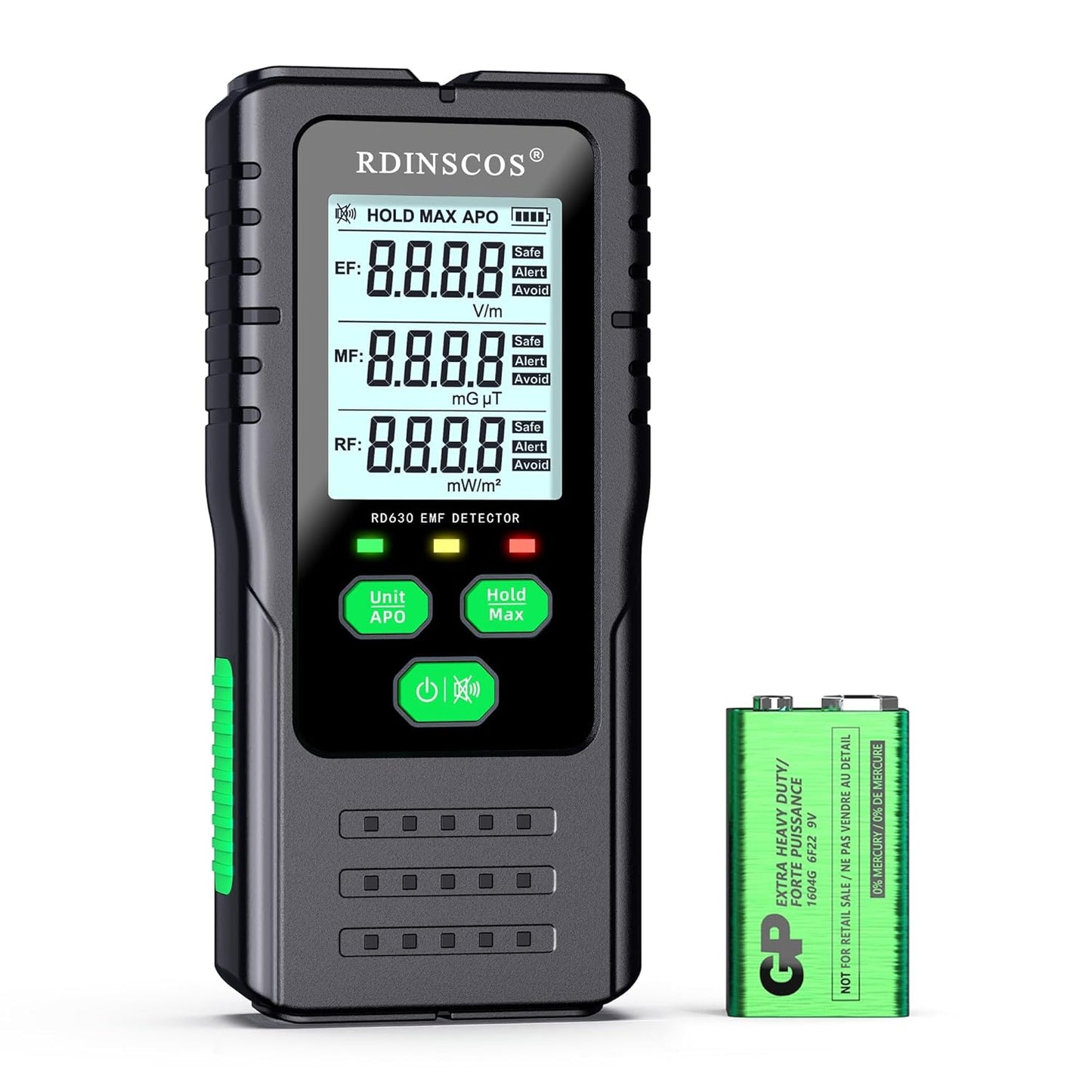 Detector radiatii electromagnetice EMF, MF, RF, digital, cu display LCD iluminat, alarma automata, pentru acasa, birou, in aer liber