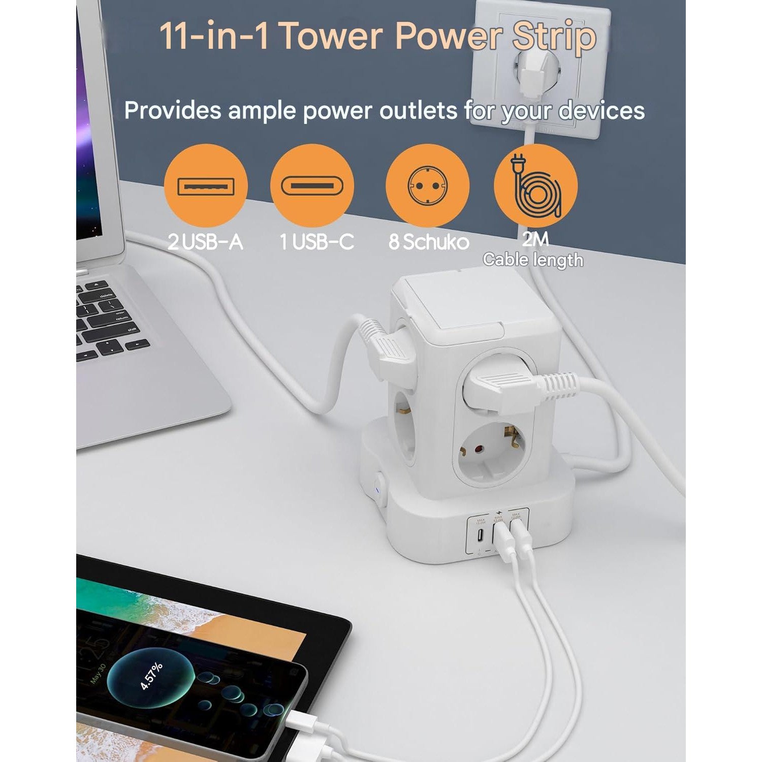 Prelungitor tip turn cu 8 prize si 3 porturi USB, 3680 W 16 A, protectie la supratensiune, indicator LED, cablu de 2m, alb