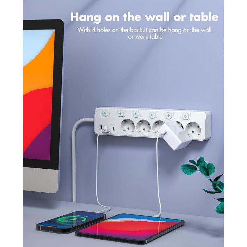 Prelungitor pentru perete/podea, 5 prize cu intrerupator individual, 2 porturi USB-C, 2 port USB-A, cu prindere pentru perete, 4 picioare silicon, cablu de 2 m, protectie la supratensiune, material ignifug, alb