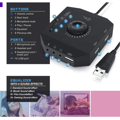 Placa de sunet externa CSL USB 3 in 1 amplificator, terminal conectare casti si Hub USB, cu egalizator si rotita volum