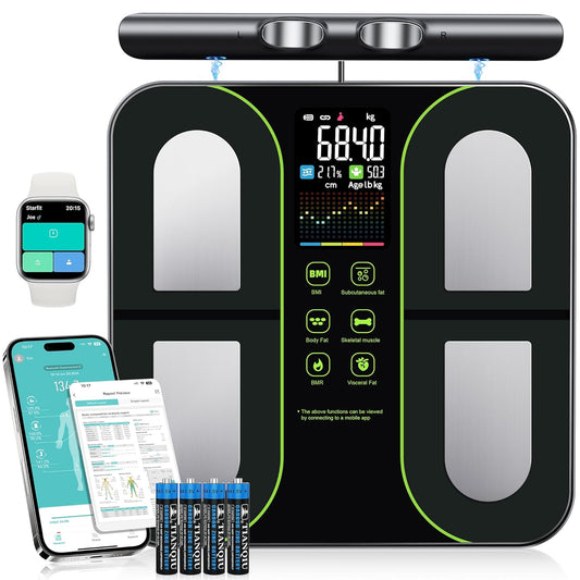 Cantar inteligent corporal cu 8 electrozi si manere, analiza corporala avansata 58 parametri (grasime, masa musculara, IMC), BIA Dual Frequency, ecran LCD color, bluetooth si aplicatie Fitdays, 24 utilizatori, 180 kg, pentru fitness si sanatate