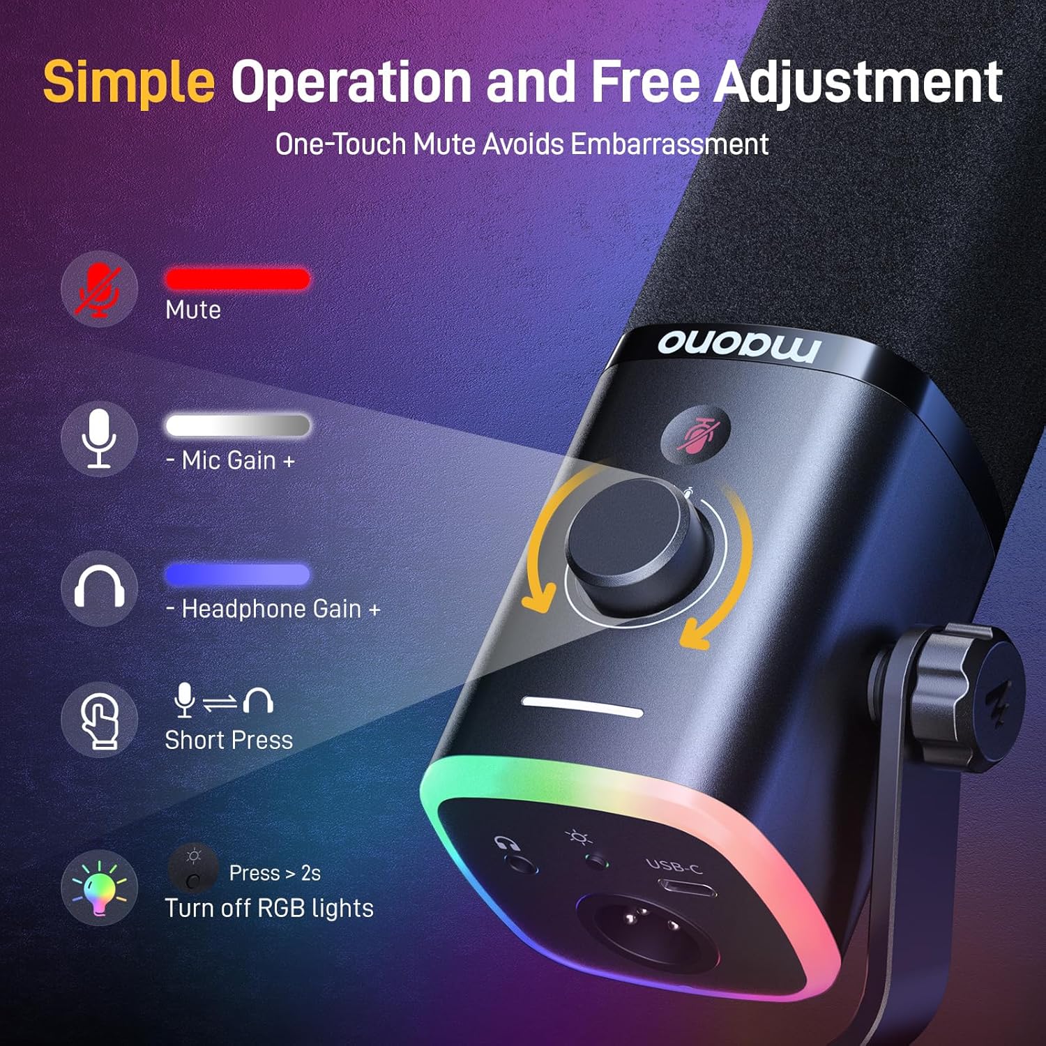 Microfon de gaming MAONO PD100X XLR/USB, dinamic cu anulare dubla a zgomotului, iluminare RGB, buton mute si software, pentru streaming, podcast, studio, compatibil PC, PS4/PS5, Mac, negru
