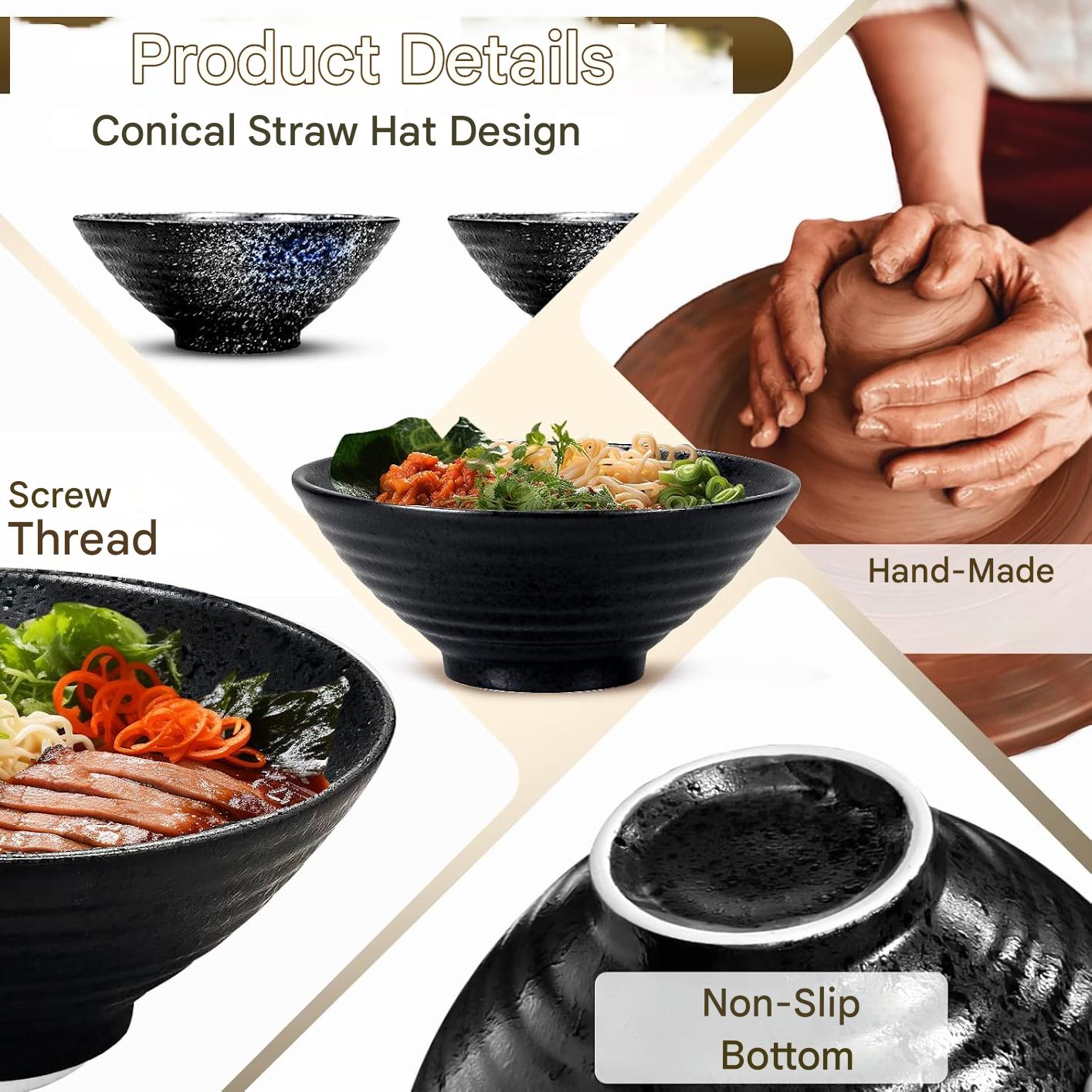 Set 2 boluri japoneze pentru ramen, 1000 ml, din ceramica, cu betisoare, linguri si retete, compatibile masina de spalat vase si microunde, multifunctionale, negru